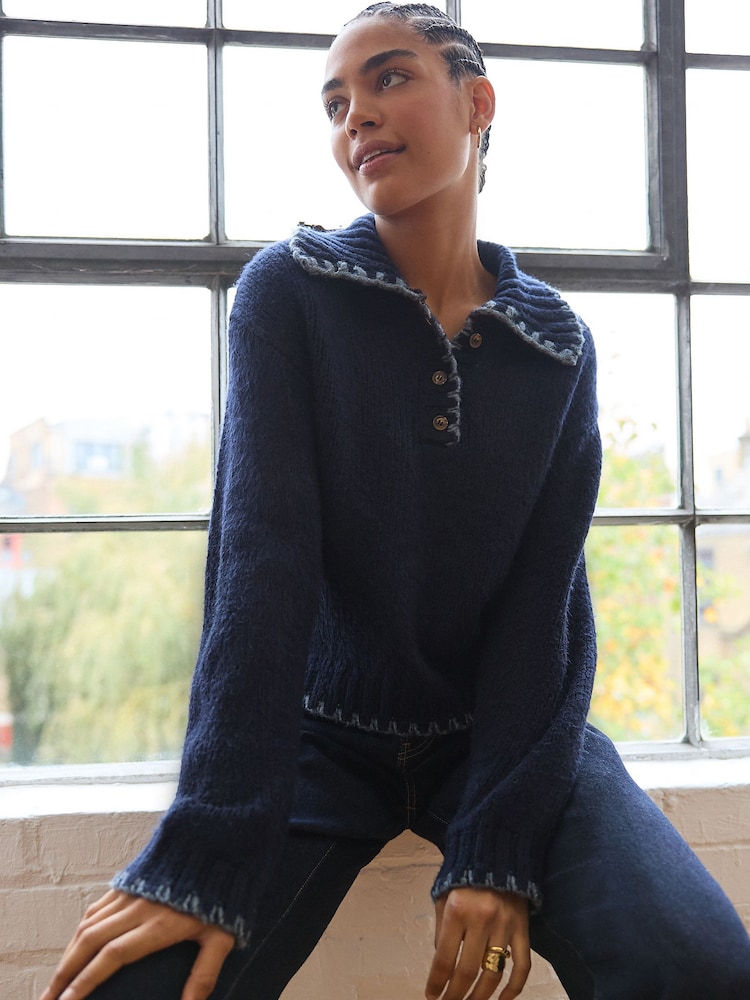 Blue Navy Knitted Polo Jumper with Stitch Collar Detail - Image 1 of 8