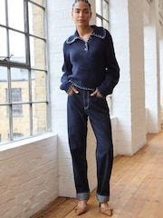 Blue Navy Knitted Polo Jumper with Stitch Collar Detail - Image 2 of 8