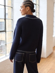 Blue Navy Knitted Polo Jumper with Stitch Collar Detail - Image 3 of 8