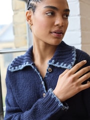 Blue Navy Knitted Polo Jumper with Stitch Collar Detail - Image 4 of 8