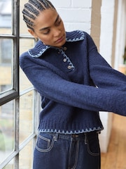 Blue Navy Knitted Polo Jumper with Stitch Collar Detail - Image 5 of 8