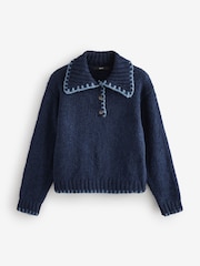 Blue Navy Knitted Polo Jumper with Stitch Collar Detail - Image 6 of 8