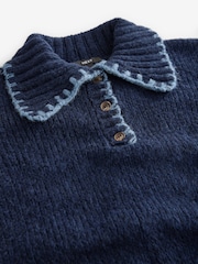 Blue Navy Knitted Polo Jumper with Stitch Collar Detail - Image 7 of 8