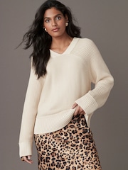 Yellow Ochre Washed Seam Detail Relaxed V-Neck 100% Cotton Jumper - Image 1 of 9