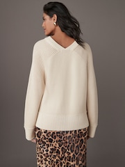 Yellow Ochre Washed Seam Detail Relaxed V-Neck 100% Cotton Jumper - Image 4 of 9