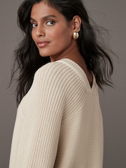 Yellow Ochre Washed Seam Detail Relaxed V-Neck 100% Cotton Jumper - Image 5 of 9