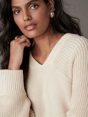 Yellow Ochre Washed Seam Detail Relaxed V-Neck 100% Cotton Jumper - Image 6 of 9