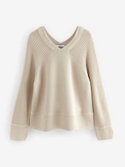Yellow Ochre Washed Seam Detail Relaxed V-Neck 100% Cotton Jumper - Image 7 of 9