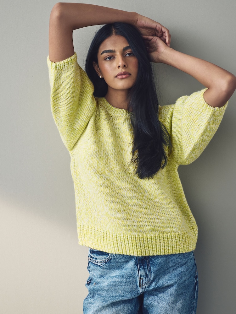 Yellow Twist Half Sleeve Crew Neck Jumper with Wool - Image 1 of 8