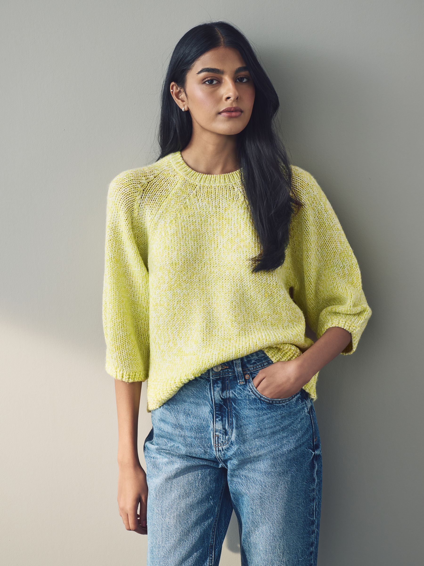 Buy Yellow Twist Half Sleeve Crew Neck Jumper with Wool from