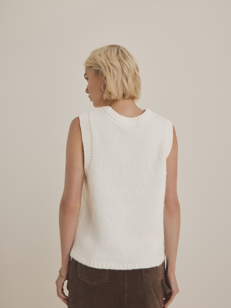 White Ecru Soft Touch Sleeveless Knitted Vest Tank Top Jumper with Wool - Image 3 of 6