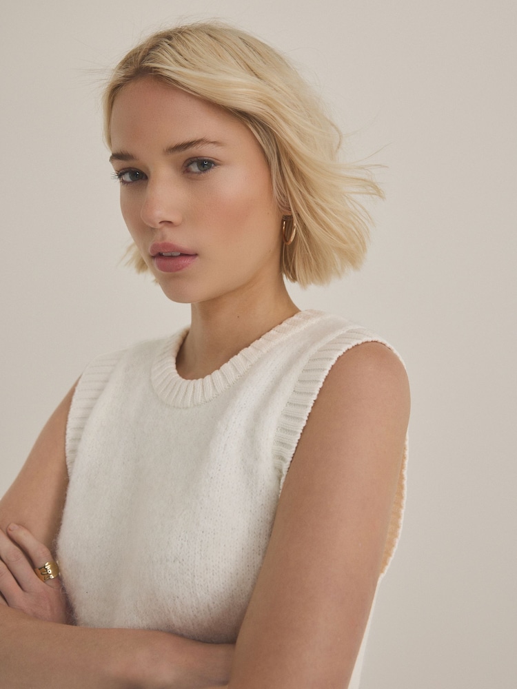 White Ecru Soft Touch Sleeveless Knitted Vest Tank Top Jumper with Wool - Image 4 of 6