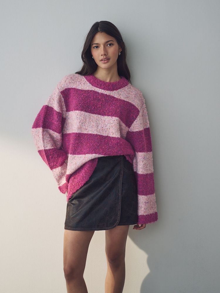 Pink Stripe Boucle Knitted Crew Neck Jumper with Wool - Image 1 of 8
