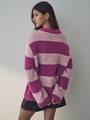 Pink Stripe Boucle Knitted Crew Neck Jumper with Wool - Image 4 of 8