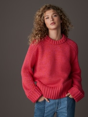 Pink Bright Chunky Cuff Sleeve Crew Neck Jumper With Wool - Image 1 of 7
