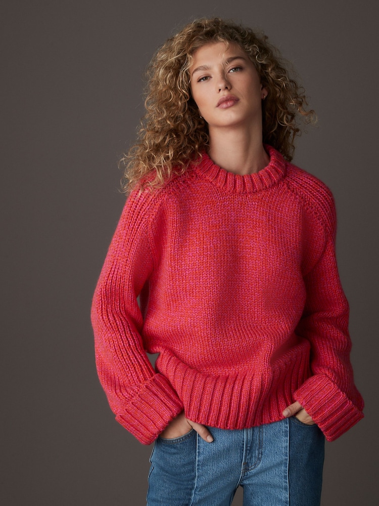 Pink Bright Chunky Cuff Sleeve Crew Neck Jumper With Wool - Image 1 of 7
