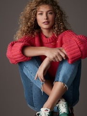 Pink Bright Chunky Cuff Sleeve Crew Neck Jumper With Wool - Image 2 of 7