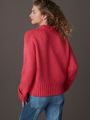 Pink Bright Chunky Cuff Sleeve Crew Neck Jumper With Wool - Image 3 of 7
