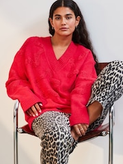 Pink Bright Star Textured V-Neck Long Sleeve Knitted Jumper With Wool - Image 1 of 7