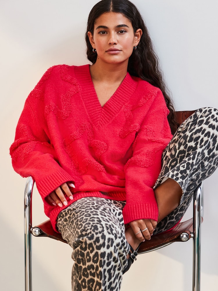 Pink Bright Star Textured V-Neck Long Sleeve Knitted Jumper With Wool - Image 1 of 7