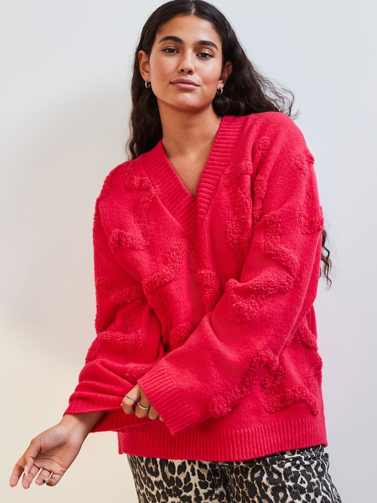 Pink Bright Star Textured V-Neck Long Sleeve Knitted Jumper With Wool - Image 3 of 7