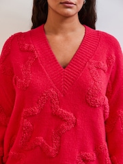 Pink Bright Star Textured V-Neck Long Sleeve Knitted Jumper With Wool - Image 4 of 7