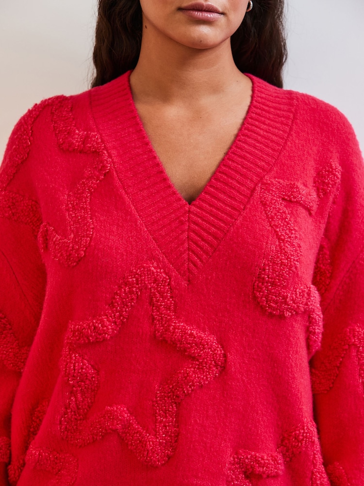 Pink Bright Star Textured V-Neck Long Sleeve Knitted Jumper With Wool - Image 4 of 7