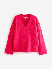 Pink Bright Star Textured V-Neck Long Sleeve Knitted Jumper With Wool - Image 5 of 7