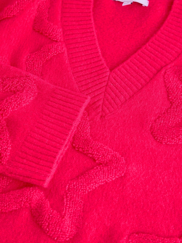 Pink Bright Star Textured V-Neck Long Sleeve Knitted Jumper With Wool - Image 7 of 7