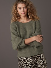 Green Khaki Scoop Neck Knitted Jumper with Wool - Image 1 of 8
