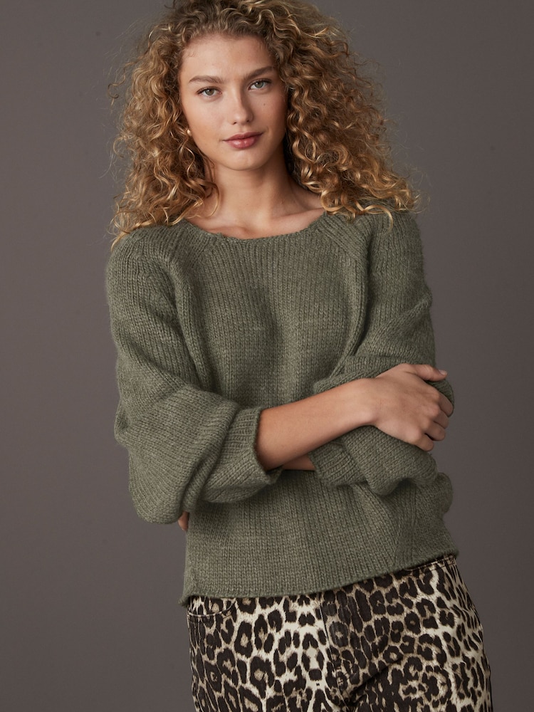 Green Khaki Scoop Neck Knitted Jumper with Wool - Image 1 of 8