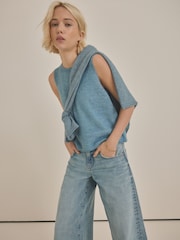Chambray Blue Sleeveless Knitted Crew Tank Vest Top with Alpaca - Image 2 of 7