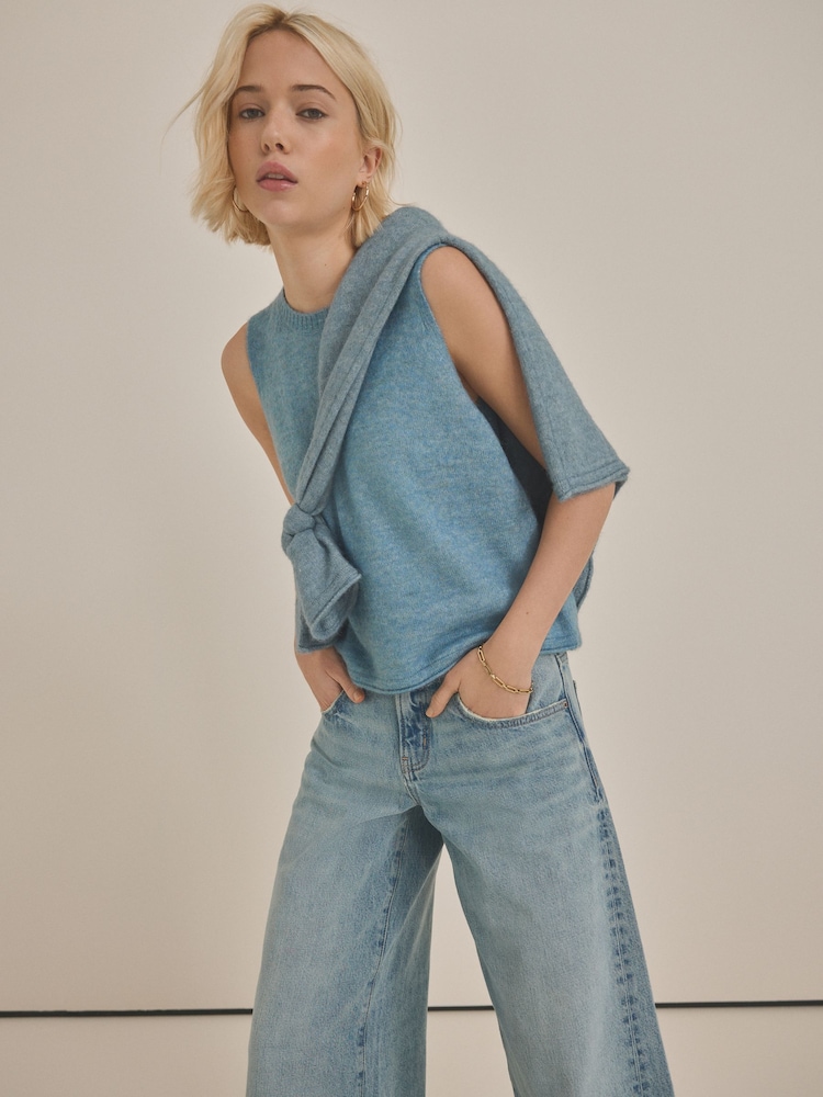 Chambray Blue Sleeveless Knitted Crew Tank Vest Top with Alpaca - Image 2 of 7