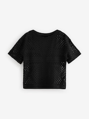 Black Short Sleeve Crochet Crew Neck T-Shirt - Image 5 of 6