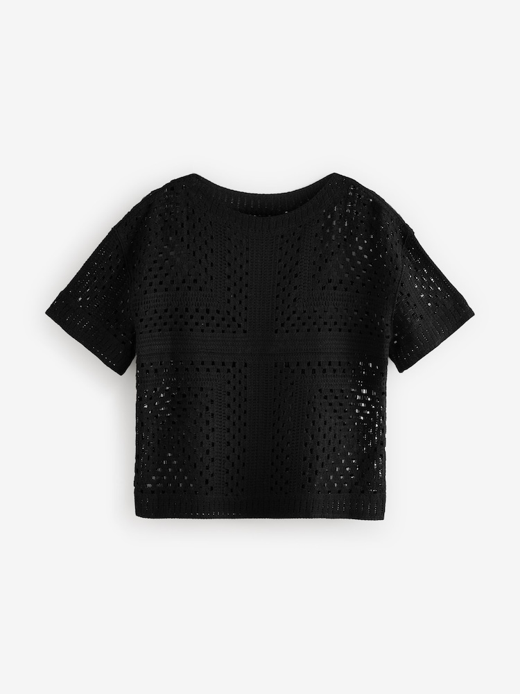 Black Short Sleeve Crochet Crew Neck T-Shirt - Image 5 of 6