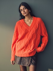Orange - Cable Knitted Longline V-Neck Tunic Jumper with Wool - Bild 1 von 7
