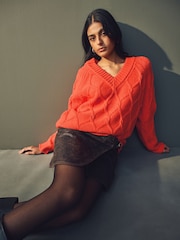 Orange - Cable Knitted Longline V-Neck Tunic Jumper with Wool - Bild 2 von 7