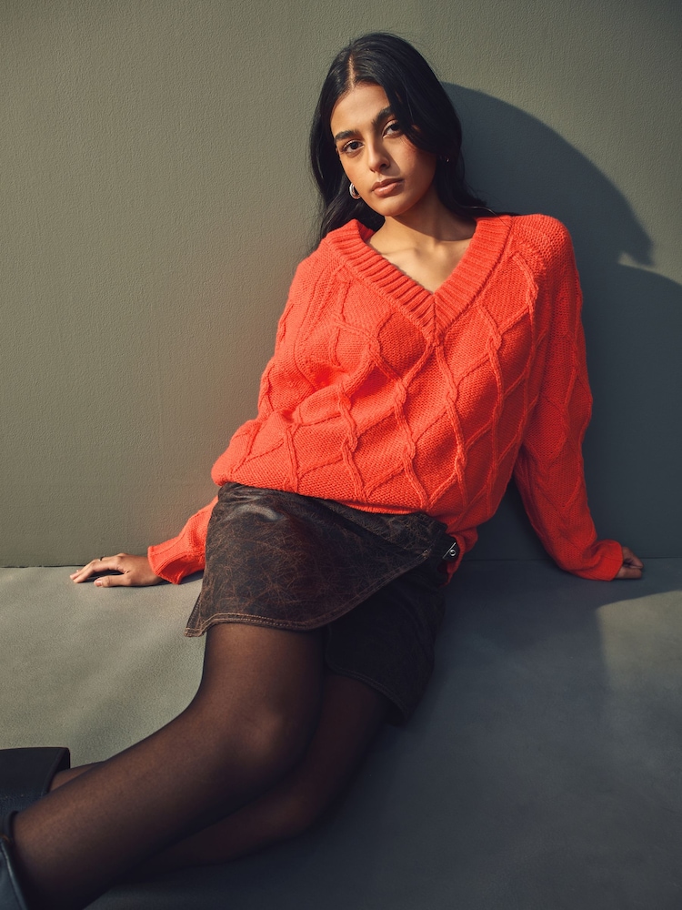 Orange - Cable Knitted Longline V-Neck Tunic Jumper with Wool - Bild 2 von 7
