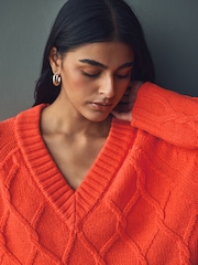 Orange - Cable Knitted Longline V-Neck Tunic Jumper with Wool - Bild 4 von 7