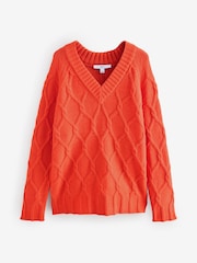 Orange - Cable Knitted Longline V-Neck Tunic Jumper with Wool - Bild 5 von 7