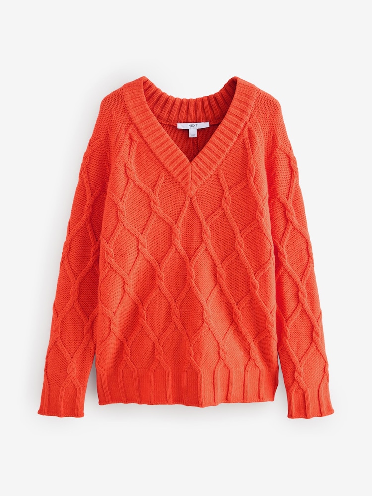 Orange Cable Knitted Longline V-Neck Tunic Jumper with Wool - Image 5 of 7