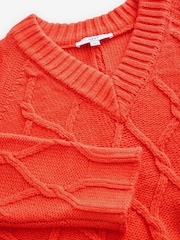 Orange - Cable Knitted Longline V-Neck Tunic Jumper with Wool - Bild 6 von 7