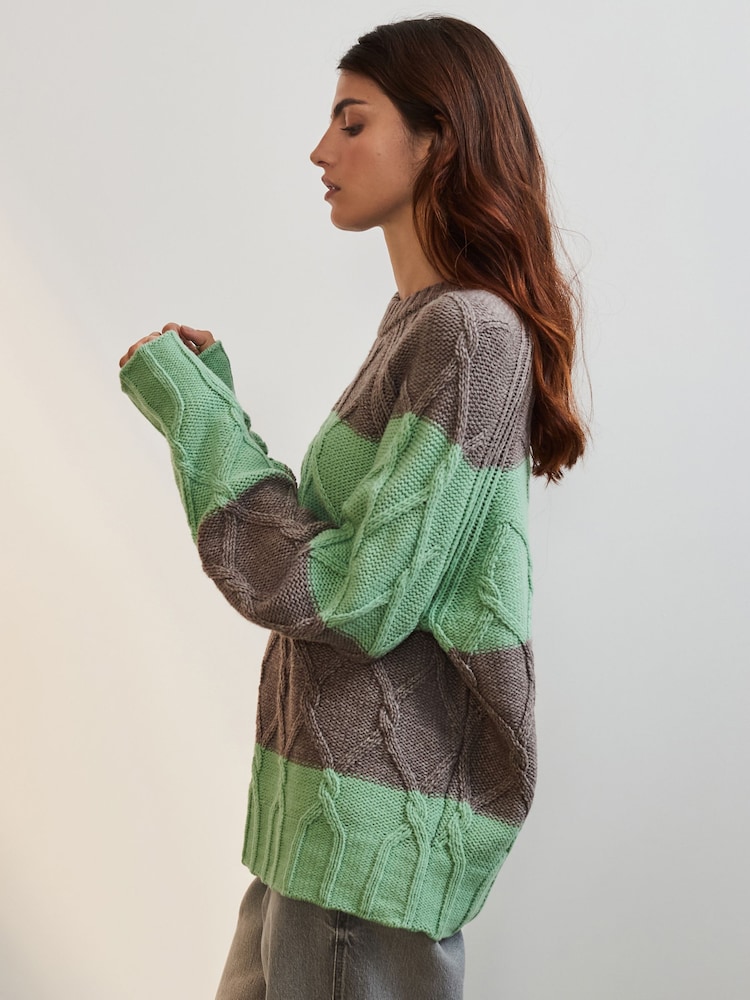 Mint Green Crew Neck Cable Knitted Jumper With Wool - Image 1 of 7