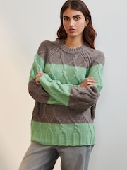 Mint Green Crew Neck Cable Knitted Jumper With Wool - Image 2 of 7