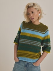 Blue/Green Stripe Brushed Knitted T-Shirt - Image 1 of 7