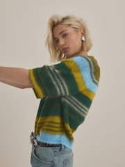 Blue/Green Stripe Brushed Knitted T-Shirt - Image 4 of 7