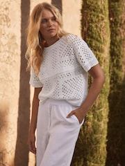 White Ecru Short Sleeve Crochet Crew Neck T-Shirt - Image 1 of 6