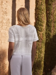 White Ecru Short Sleeve Crochet Crew Neck T-Shirt - Image 3 of 6