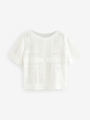 White Ecru Short Sleeve Crochet Crew Neck T-Shirt - Image 5 of 6