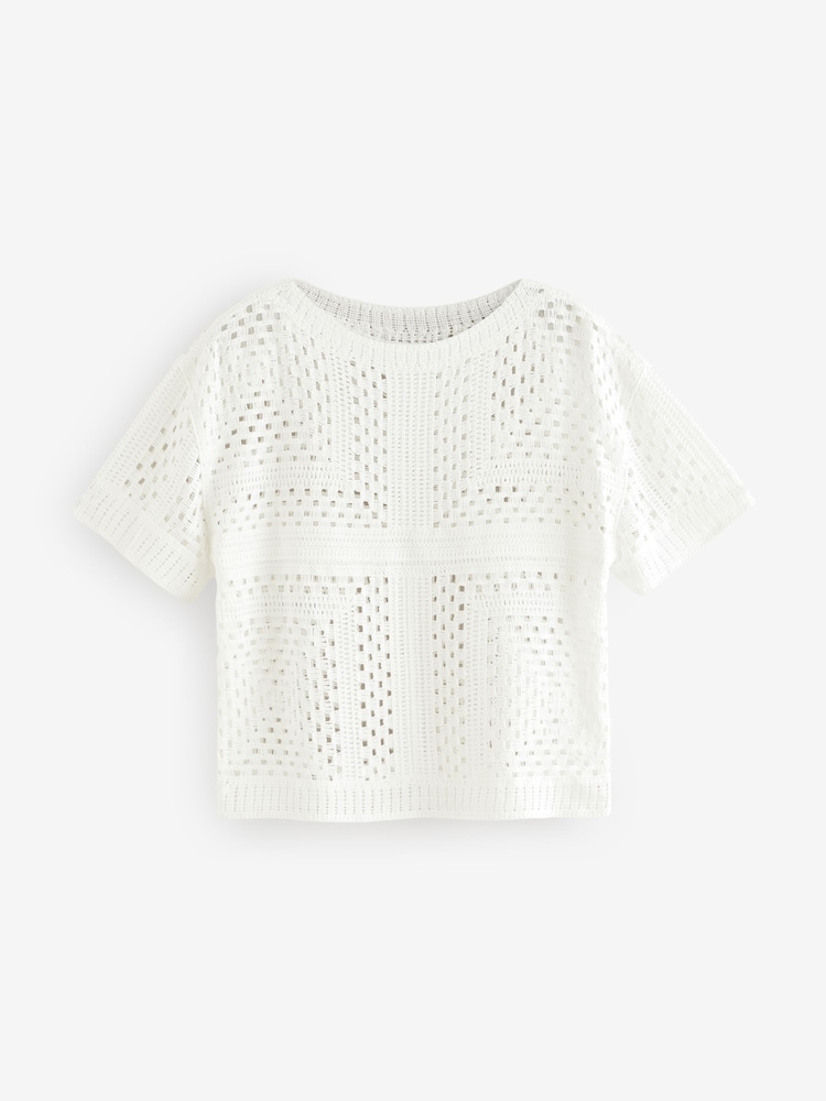 White Short Sleeve Crochet Crew Neck T-Shirt - Image 5 of 6